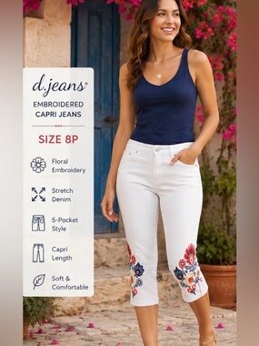 d.jeans White Embroidered Capri Jeans Size 8P Boho Floral Stretch Crop Pants